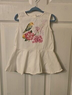 Girls' White Floral & Bird Peplum Dress